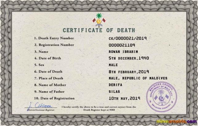 Maldives vital record death certificate